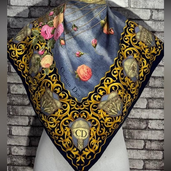 Dior Blue and Gold Baroque Silk Scarf 33x34 - Picture 1 of 11